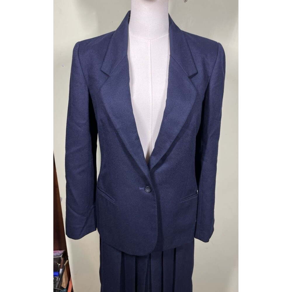 Vtg St Michael Womens 2-piece Navy Wool Sz 10 Blazer & Sz 12 Skirt Pleated Suit - Picture 2 of 16